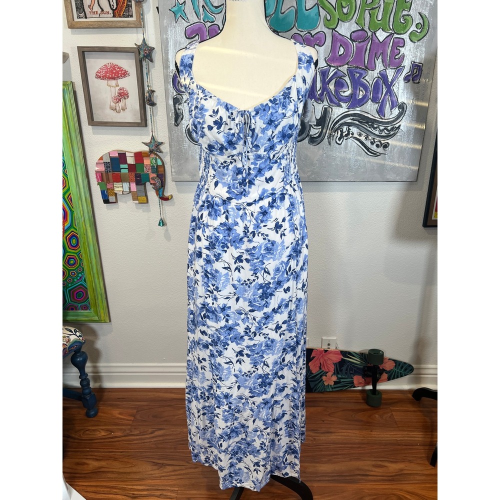 Hollister NWT Blue Floral Milkmaid Maxi Dress Cottage-Core Romantic L